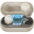 Wireless earbuds in a charging case with a digital display on a white background