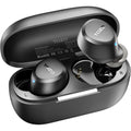 True wireless earbuds with charging case on a white background
