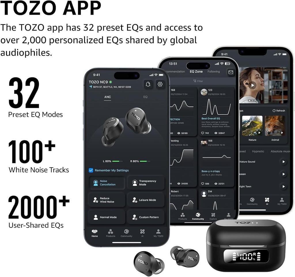 Hybrid Active Noise Cancelling Wireless Earbuds 59H Playtime IPX8 TOZO