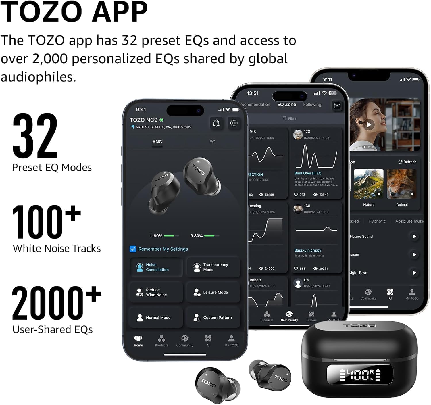 Hybrid Active Noise Cancelling Wireless Earbuds 59H Playtime IPX8 TOZO