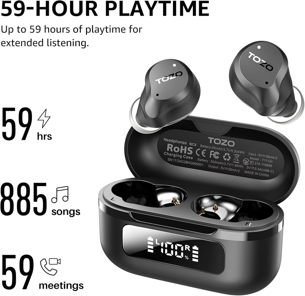 Hybrid Active Noise Cancelling Wireless Earbuds 59H Playtime IPX8 TOZO