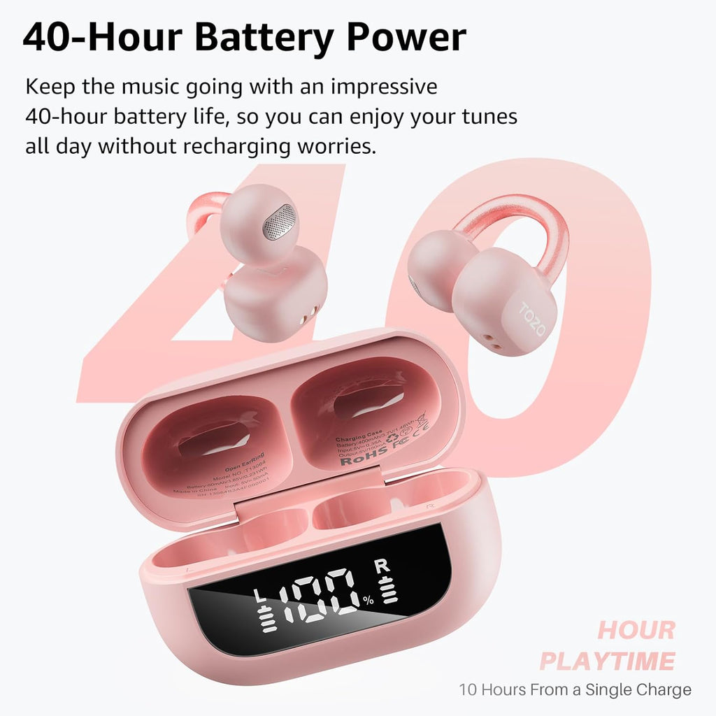 Open Ear Headphones Clip On Wireless Earbuds 40H Playtime Bluetooth TOZO