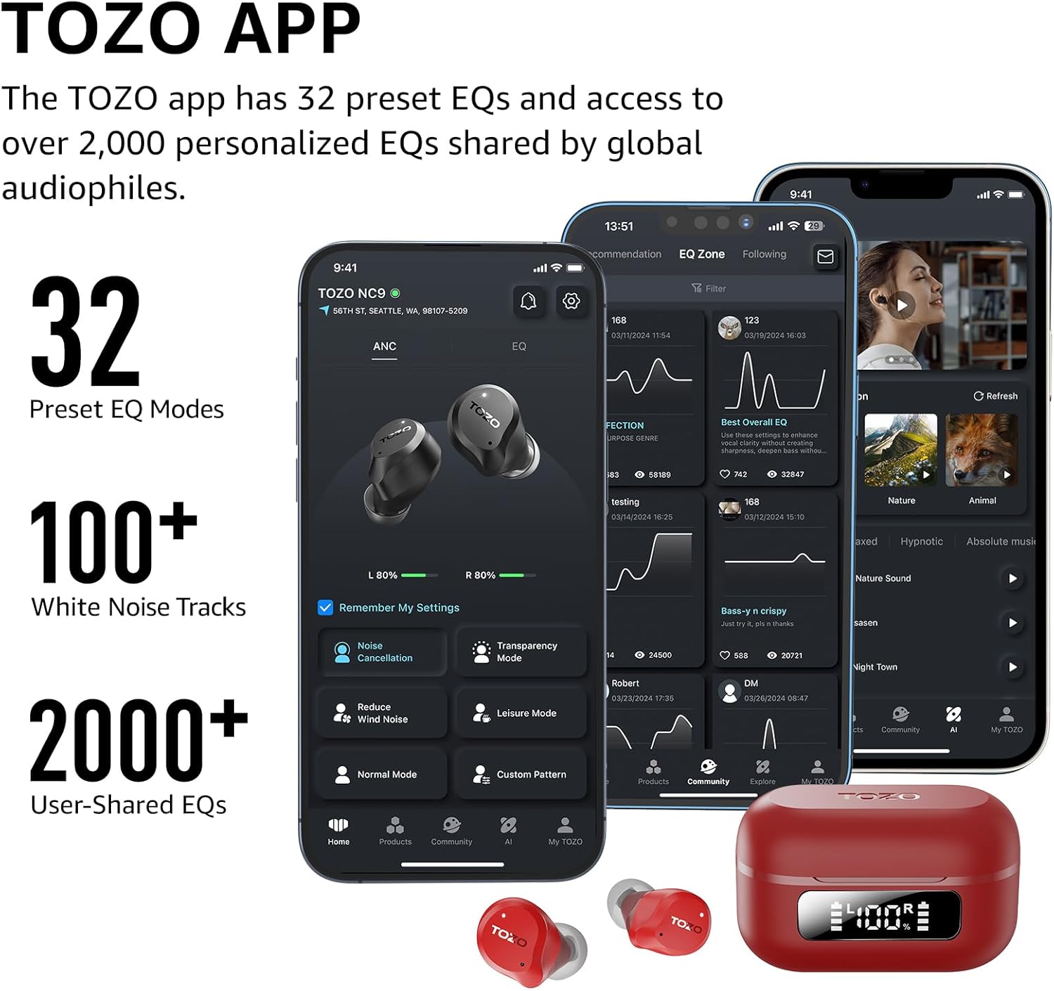 Hybrid Active Noise Cancelling Wireless Earbuds 59H Playtime IPX8 TOZO