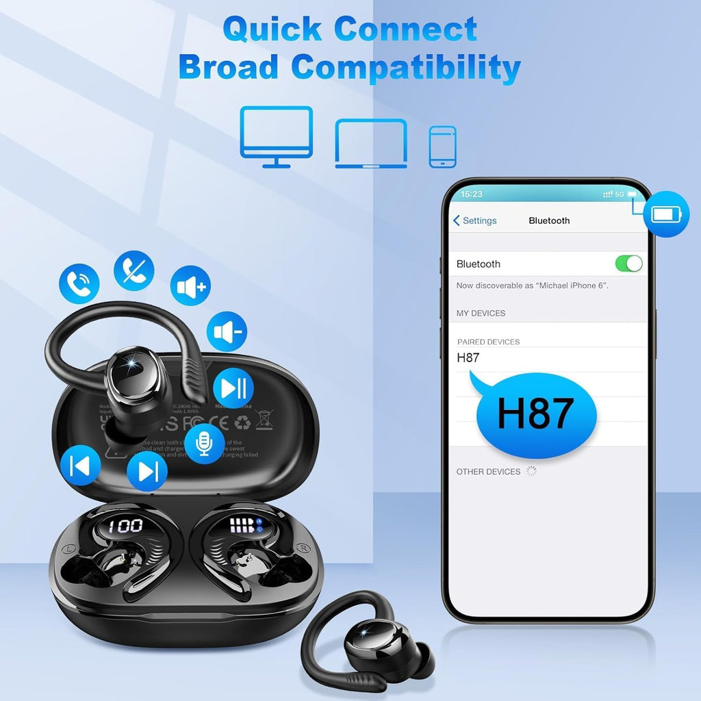 Wireless Sport Earbuds Bluetooth 5.4 Deep Bass 50H Playtime Headphones Hupoaf