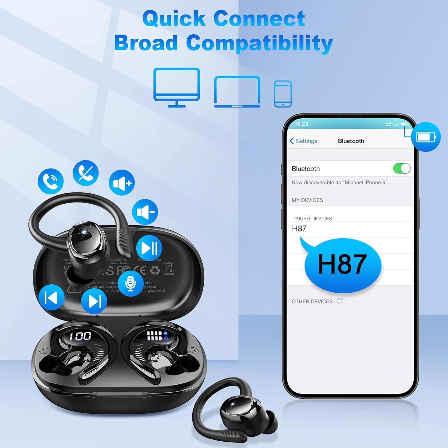 Wireless Sport Earbuds Bluetooth 5.4 Deep Bass 50H Playtime Headphones Hupoaf