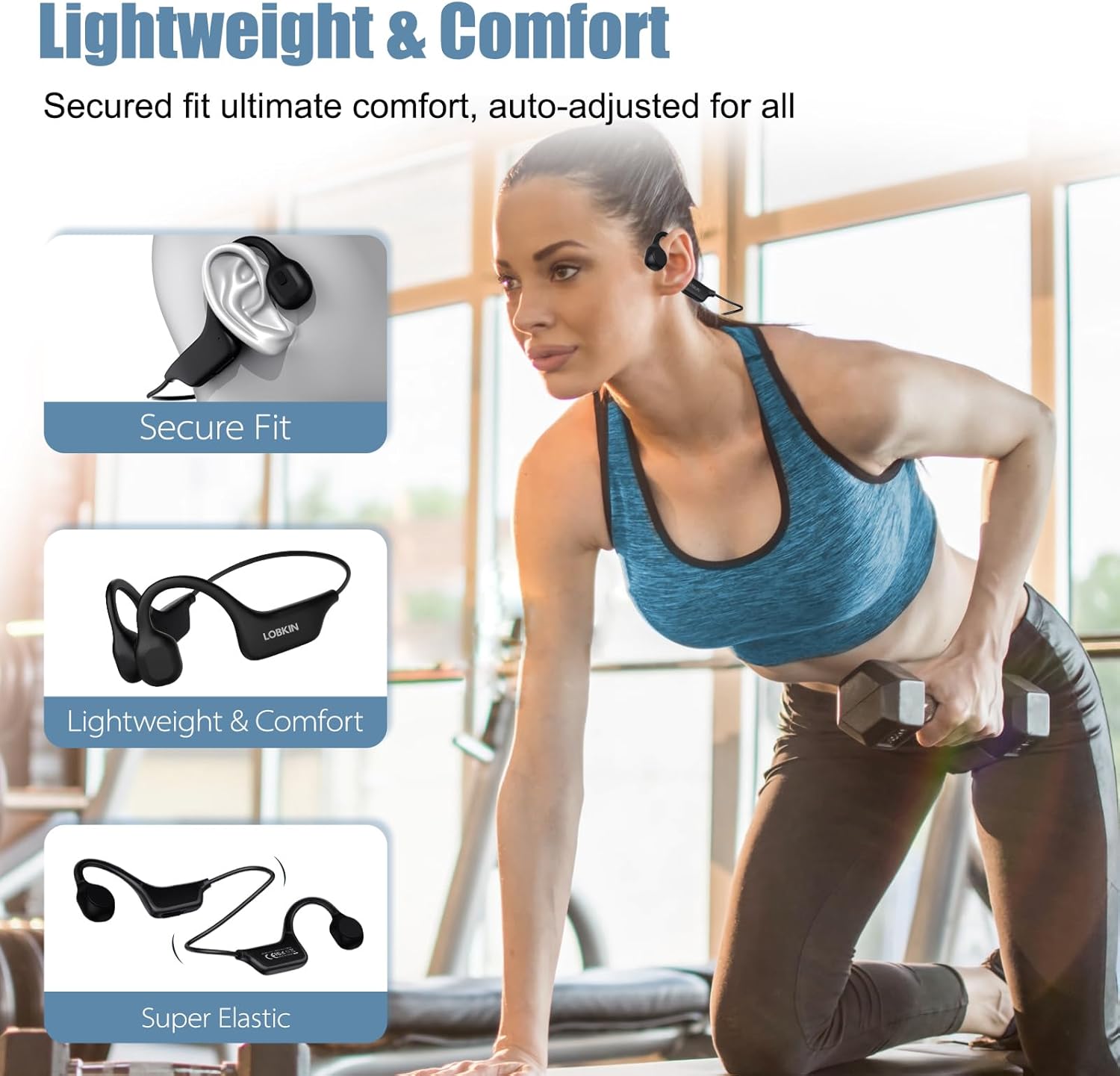 Bone Conduction Headphones Bluetooth 5.3 Open Ear Wireless Mic LOBKIN, Black