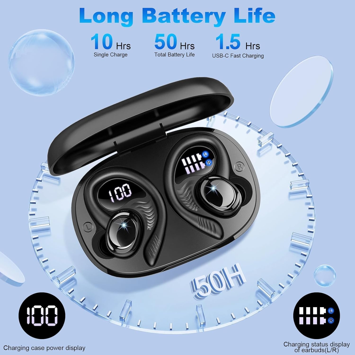 Wireless Sport Earbuds Bluetooth 5.4 Deep Bass 50H Playtime Headphones Hupoaf